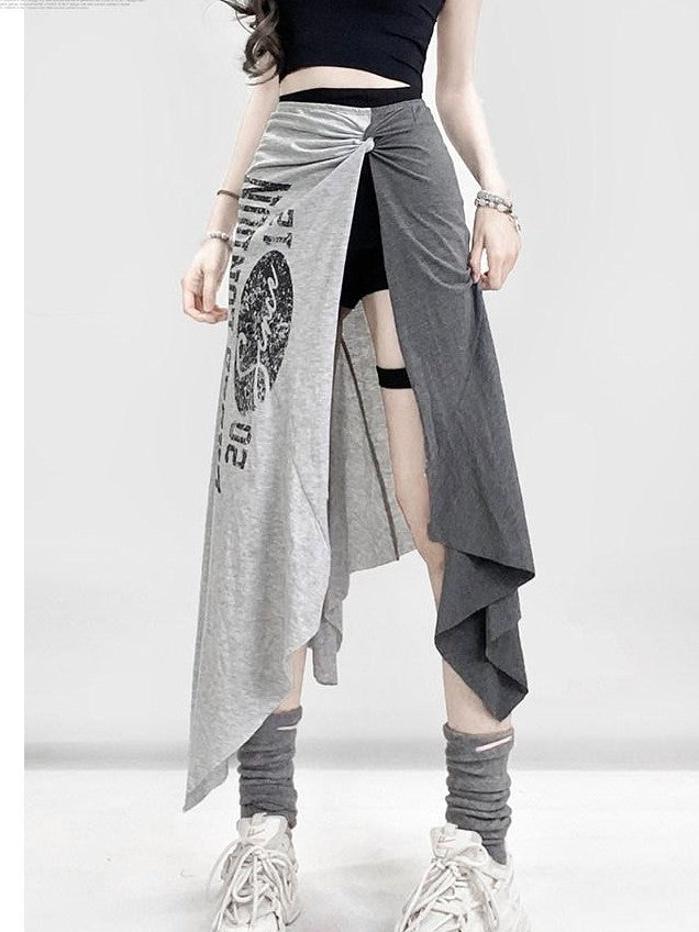 REDDACHIC Lettering Print Asymmetric Layered Slit A Line Sporty Women'S Maxi Skirts