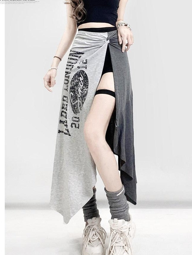 REDDACHIC Lettering Print Asymmetric Layered Slit A Line Sporty Women'S Maxi Skirts
