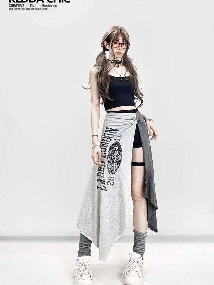 REDDACHIC Lettering Print Asymmetric Layered Slit A Line Sporty Women'S Maxi Skirts