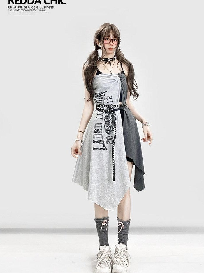 REDDACHIC Lettering Print Asymmetric Layered Slit A Line Sporty Women'S Maxi Skirts