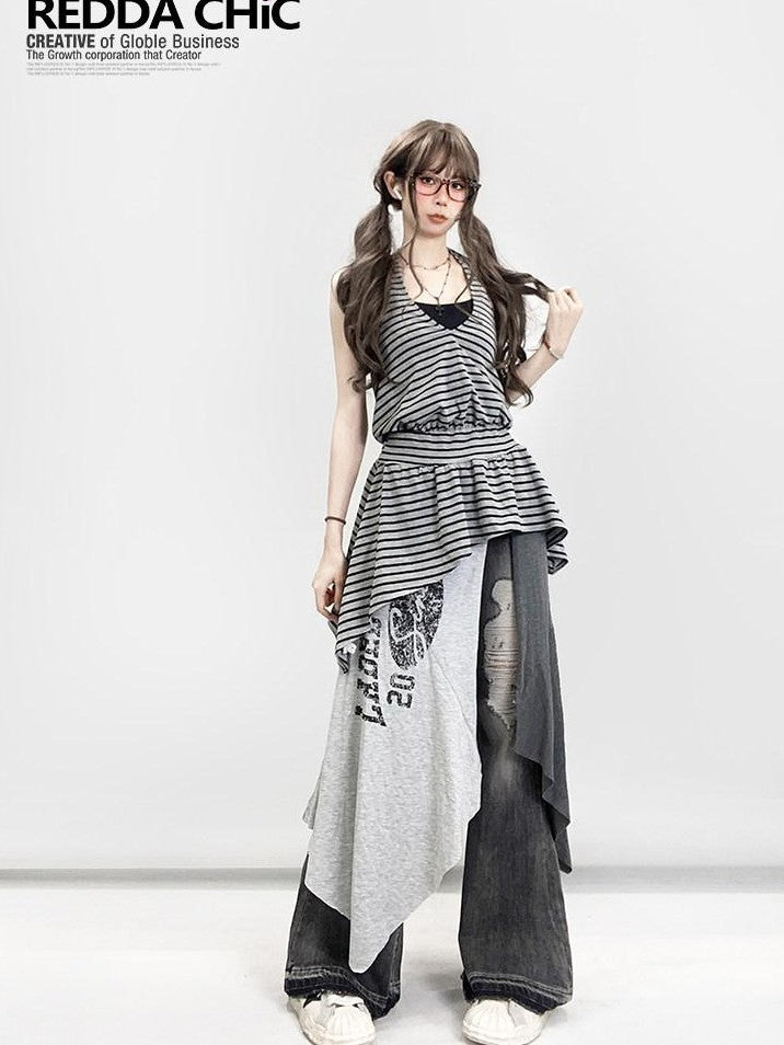 REDDACHIC Lettering Print Asymmetric Layered Slit A Line Sporty Women'S Maxi Skirts