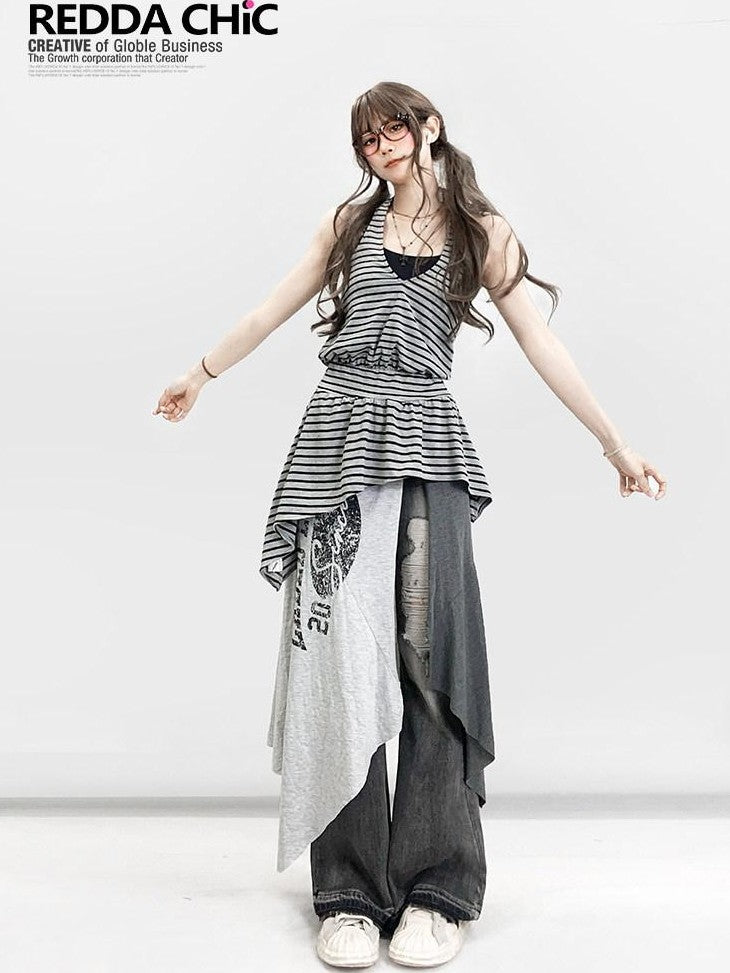 REDDACHIC Lettering Print Asymmetric Layered Slit A Line Sporty Women'S Maxi Skirts