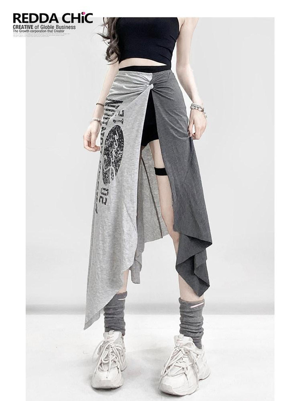 REDDACHIC Lettering Print Asymmetric Layered Slit A Line Sporty Women'S Maxi Skirts