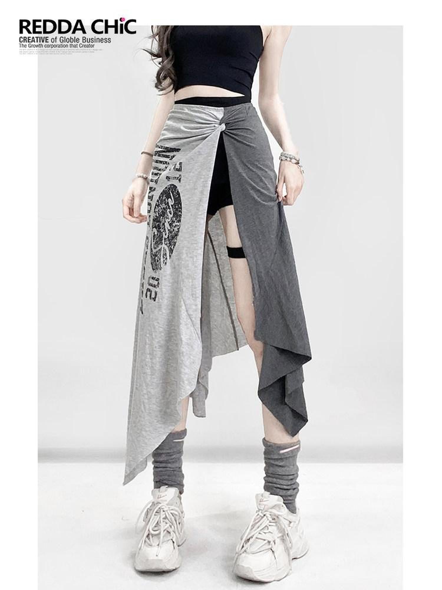 REDDACHIC Lettering Print Asymmetric Layered Slit A Line Sporty Women'S Maxi Skirts