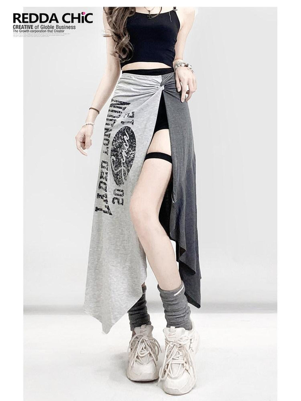 REDDACHIC Lettering Print Asymmetric Layered Slit A Line Sporty Women'S Maxi Skirts