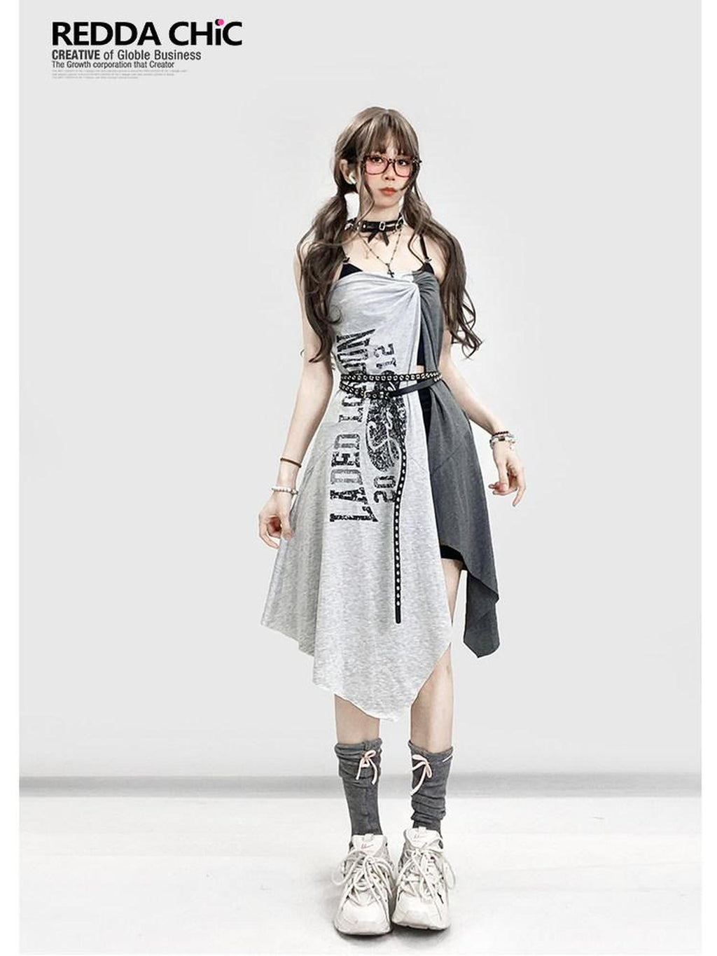 REDDACHIC Lettering Print Asymmetric Layered Slit A Line Sporty Women'S Maxi Skirts
