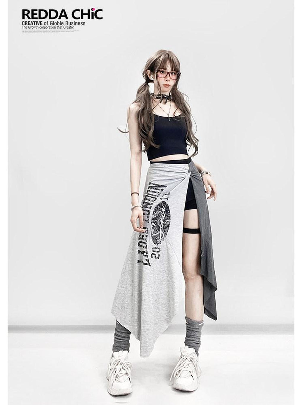 REDDACHIC Lettering Print Asymmetric Layered Slit A Line Sporty Women'S Maxi Skirts