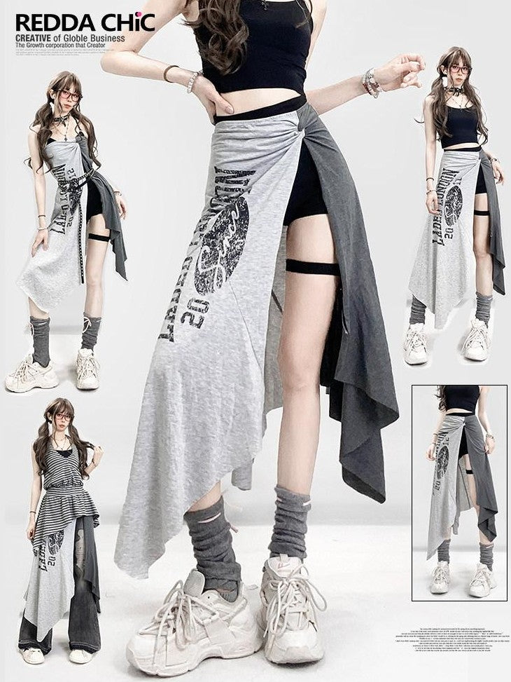 REDDACHIC Lettering Print Asymmetric Layered Slit A Line Sporty Women'S Maxi Skirts