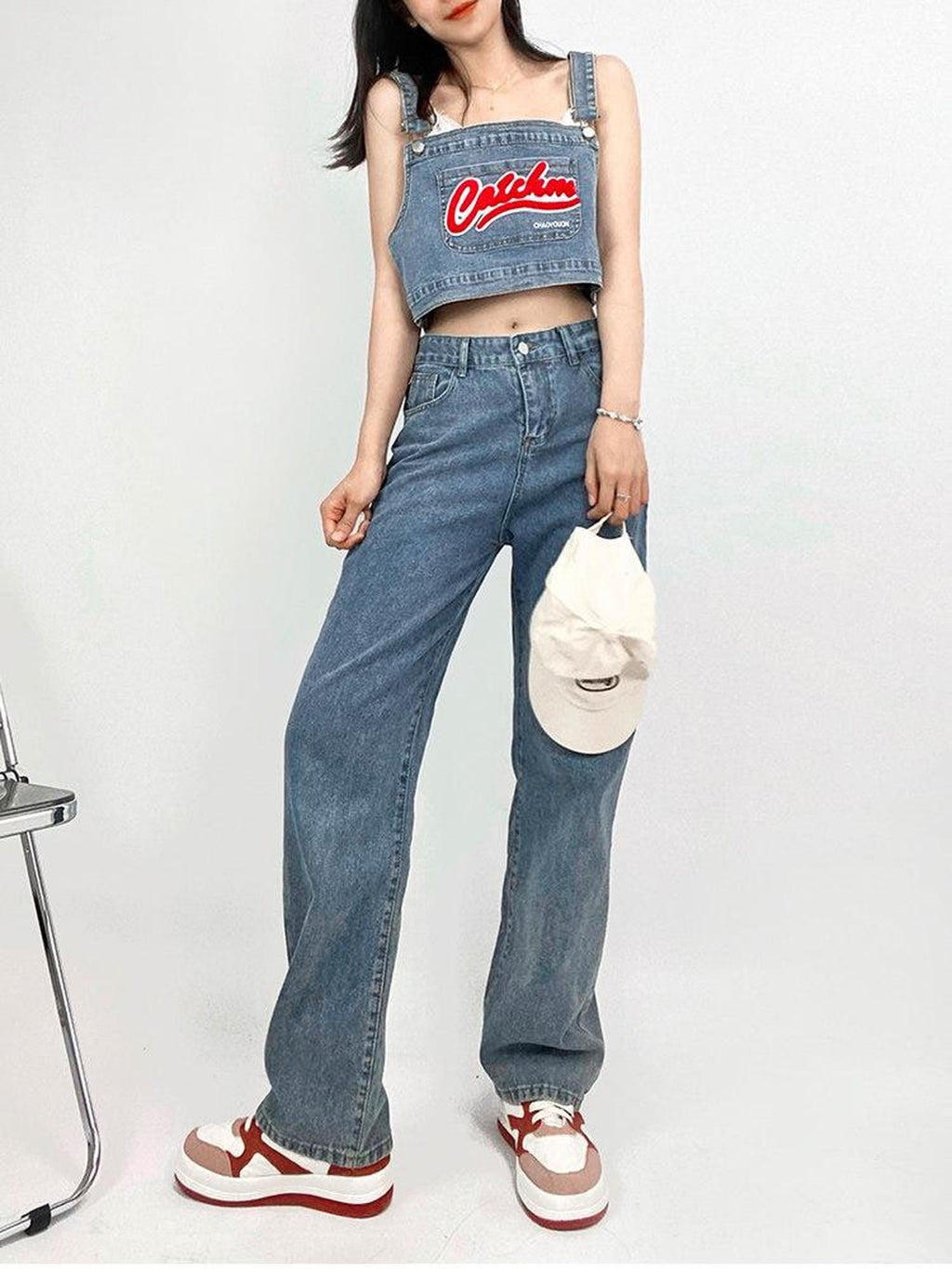 REDDACHIC Lettering Spaghetti Strap High Waist Straight Leg Women'S Denim Top & Pants Sets