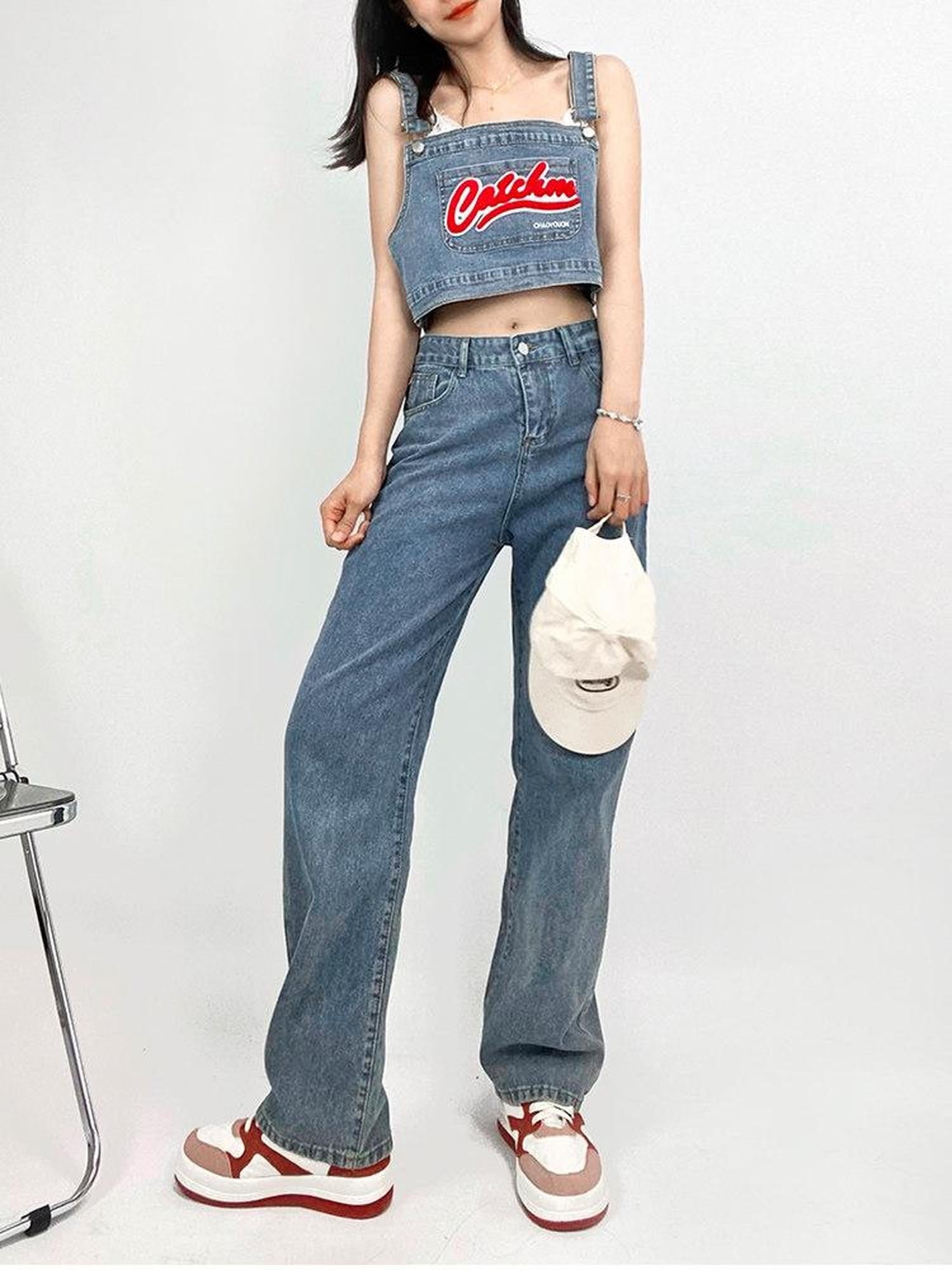 REDDACHIC Lettering Spaghetti Strap High Waist Straight Leg Women'S Denim Top & Pants Sets
