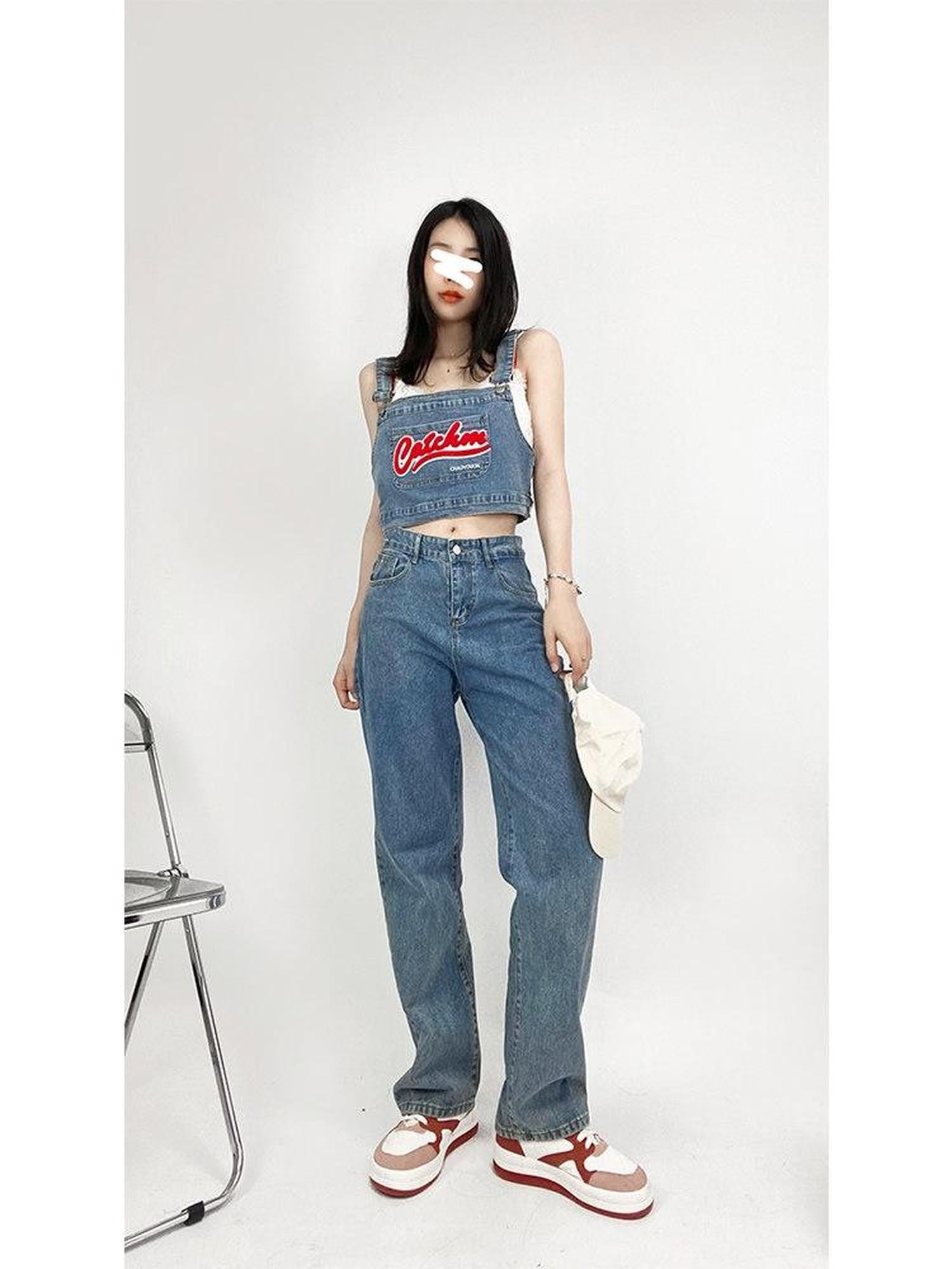 REDDACHIC Lettering Spaghetti Strap High Waist Straight Leg Women'S Denim Top & Pants Sets