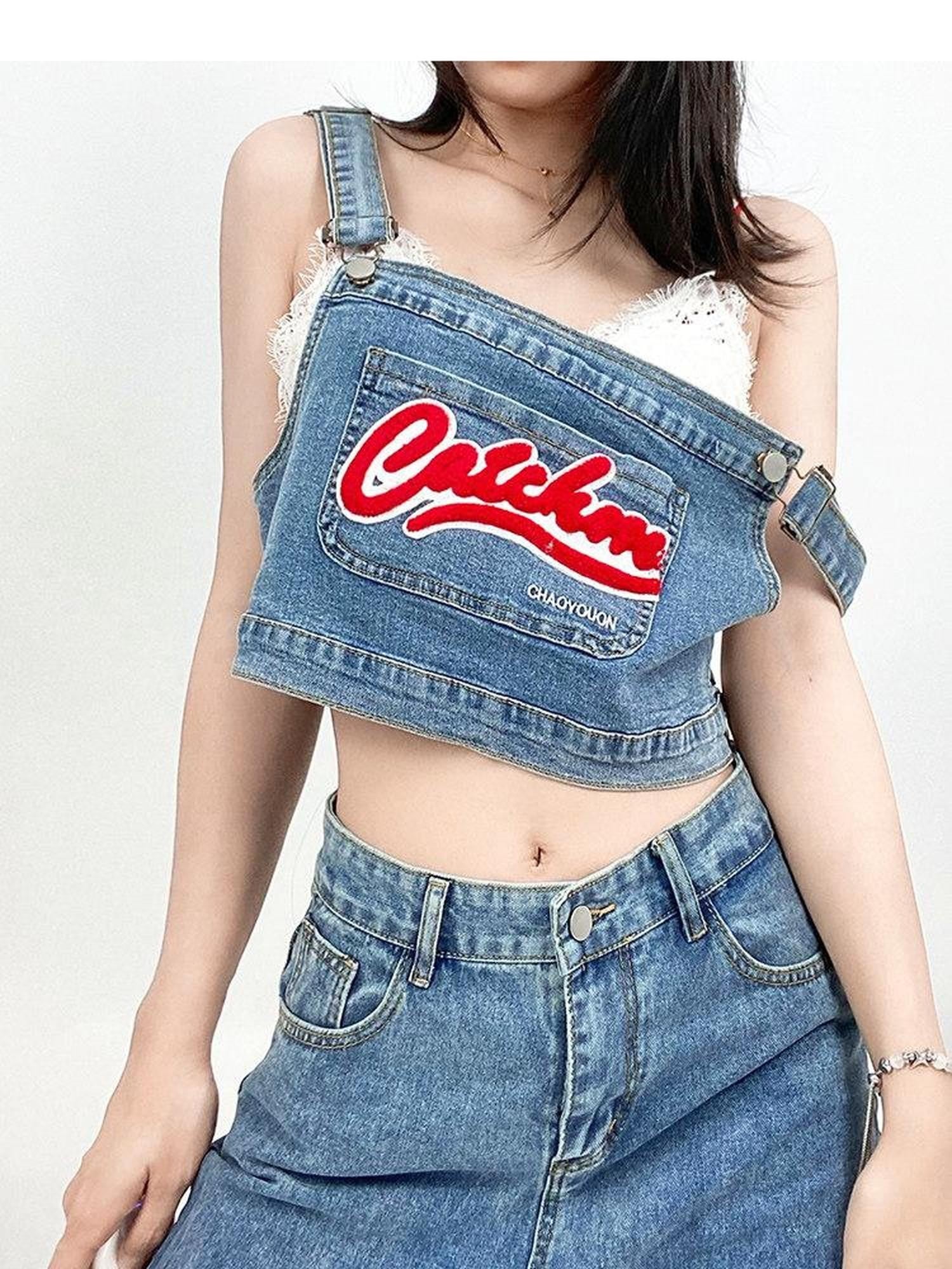 REDDACHIC Lettering Spaghetti Strap High Waist Straight Leg Women'S Denim Top & Pants Sets
