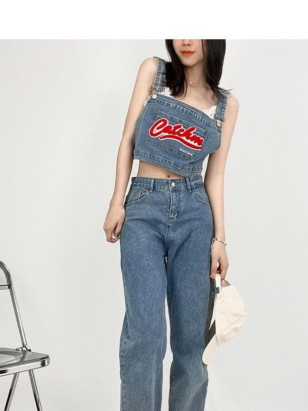 REDDACHIC Lettering Spaghetti Strap High Waist Straight Leg Women'S Denim Top & Pants Sets