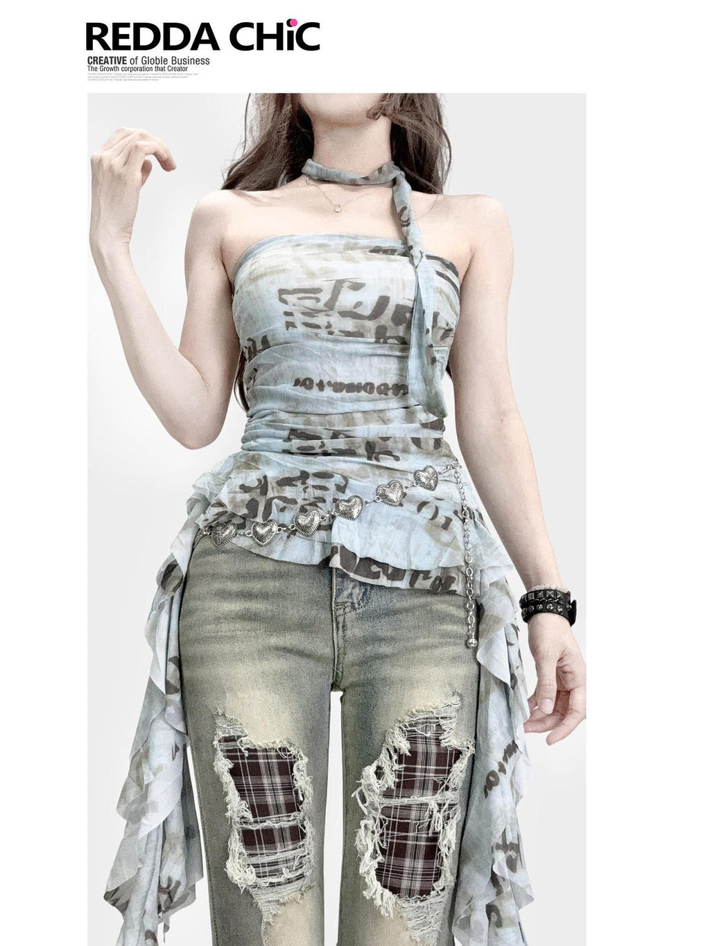 REDDACHIC Light Blue Letter Print Ruffle Sheer Women'S Mint Fiber Tube Tops / Bandeaus