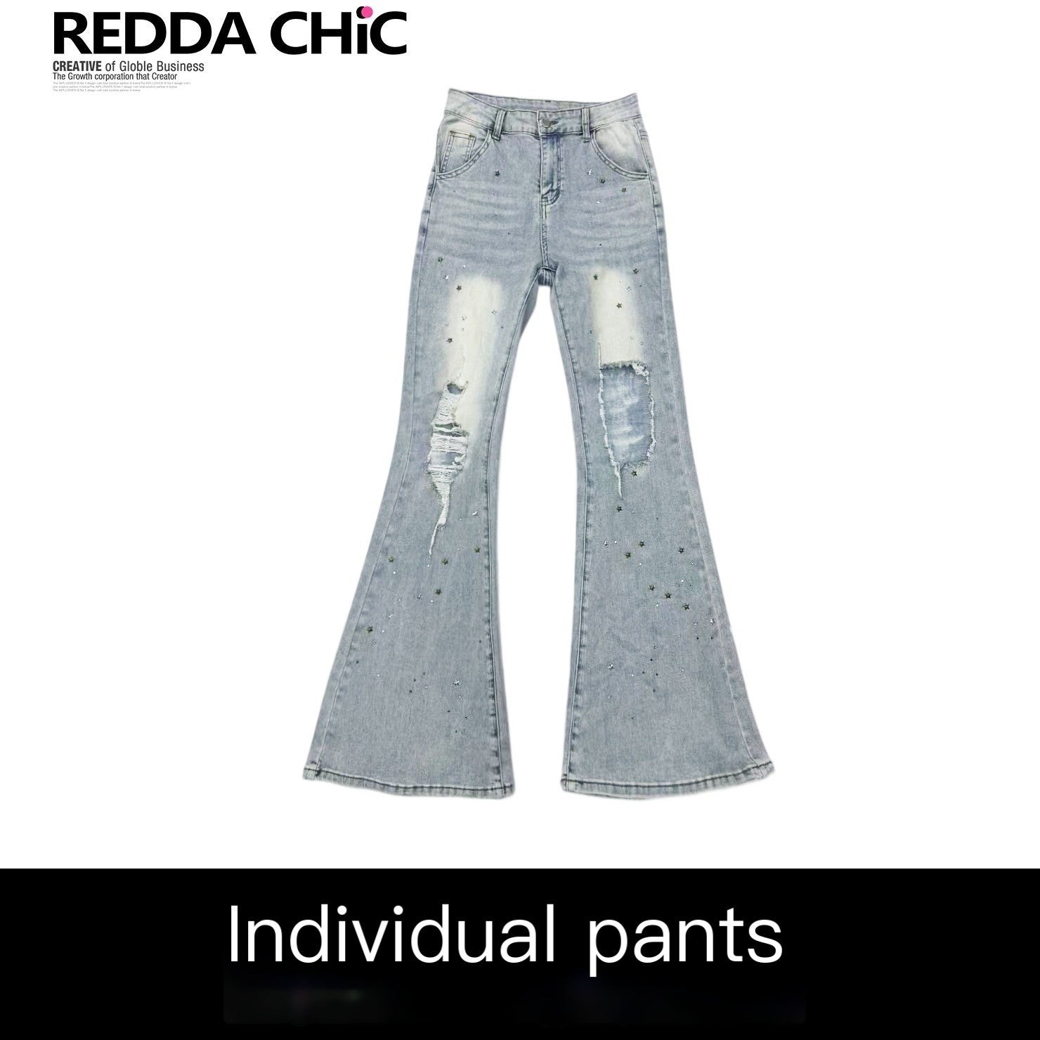 REDDACHIC_Light_Blue_Rhinestone_Ripped_High_Waist_Slim_Women'S_Cotton_Denim_Flare_Jeans_MISSTT