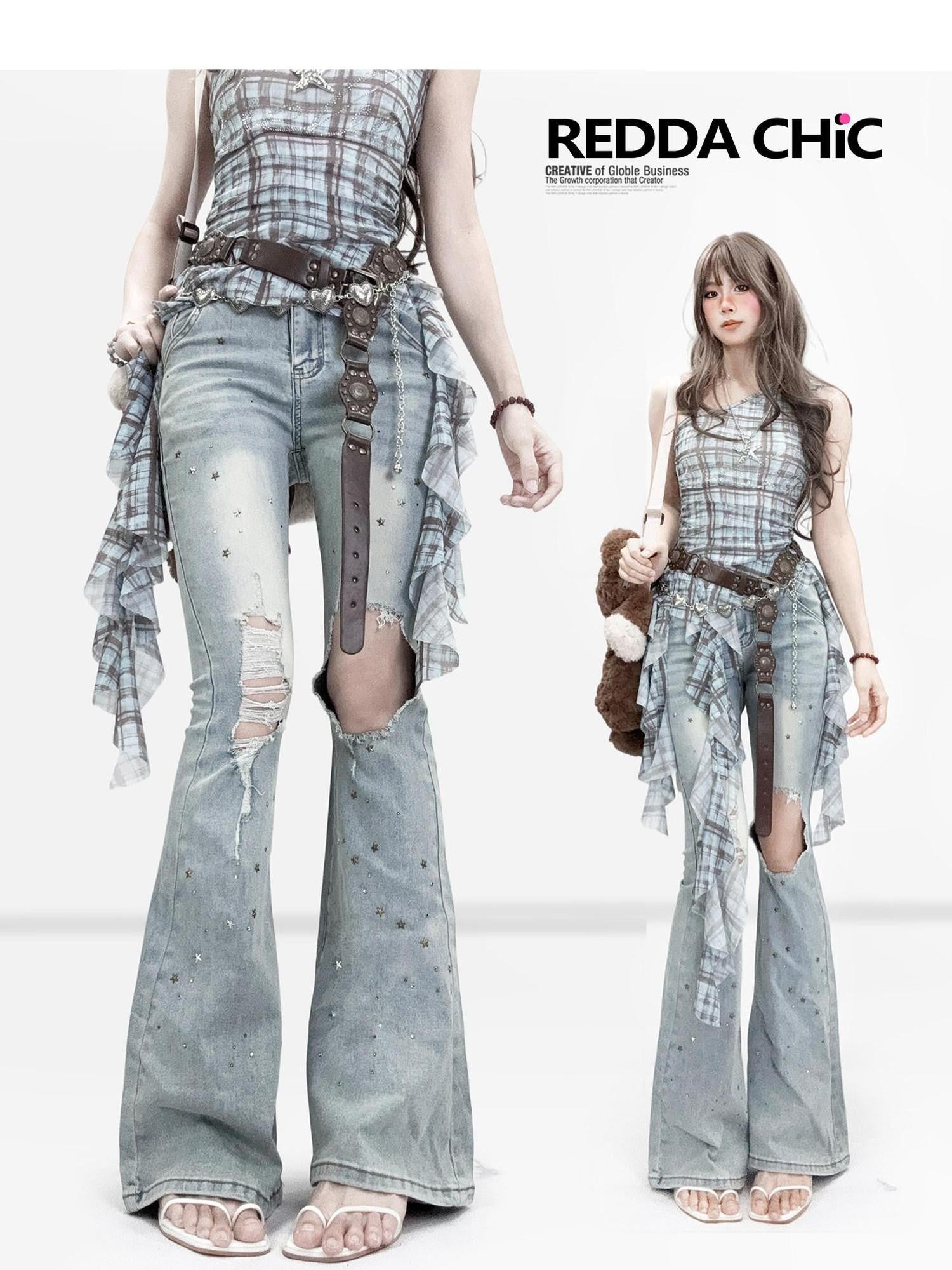 REDDACHIC Light Blue Rhinestone Ripped High Waist Slim Women'S Cotton Denim Flare Jeans