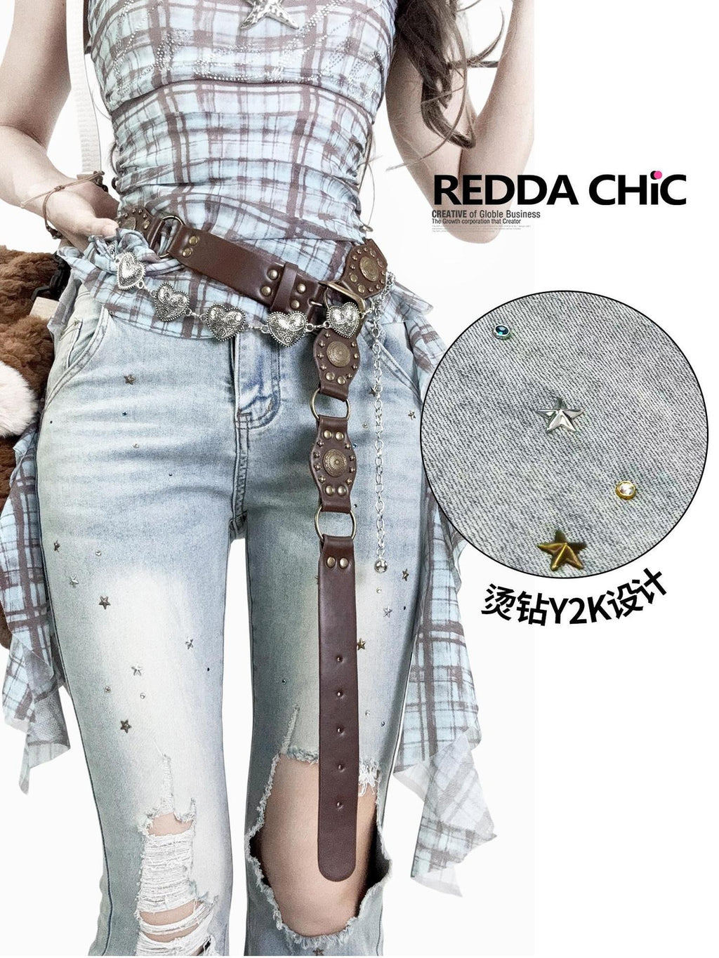 REDDACHIC Light Blue Rhinestone Ripped High Waist Slim Women'S Cotton Denim Flare Jeans