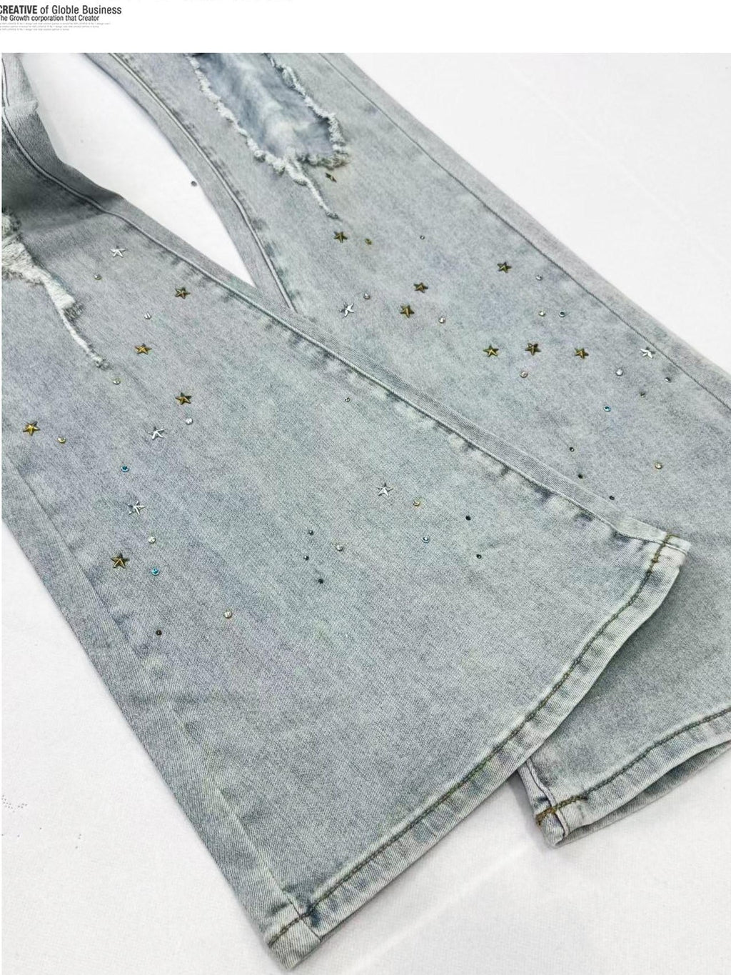REDDACHIC Light Blue Rhinestone Ripped High Waist Slim Women'S Cotton Denim Flare Jeans
