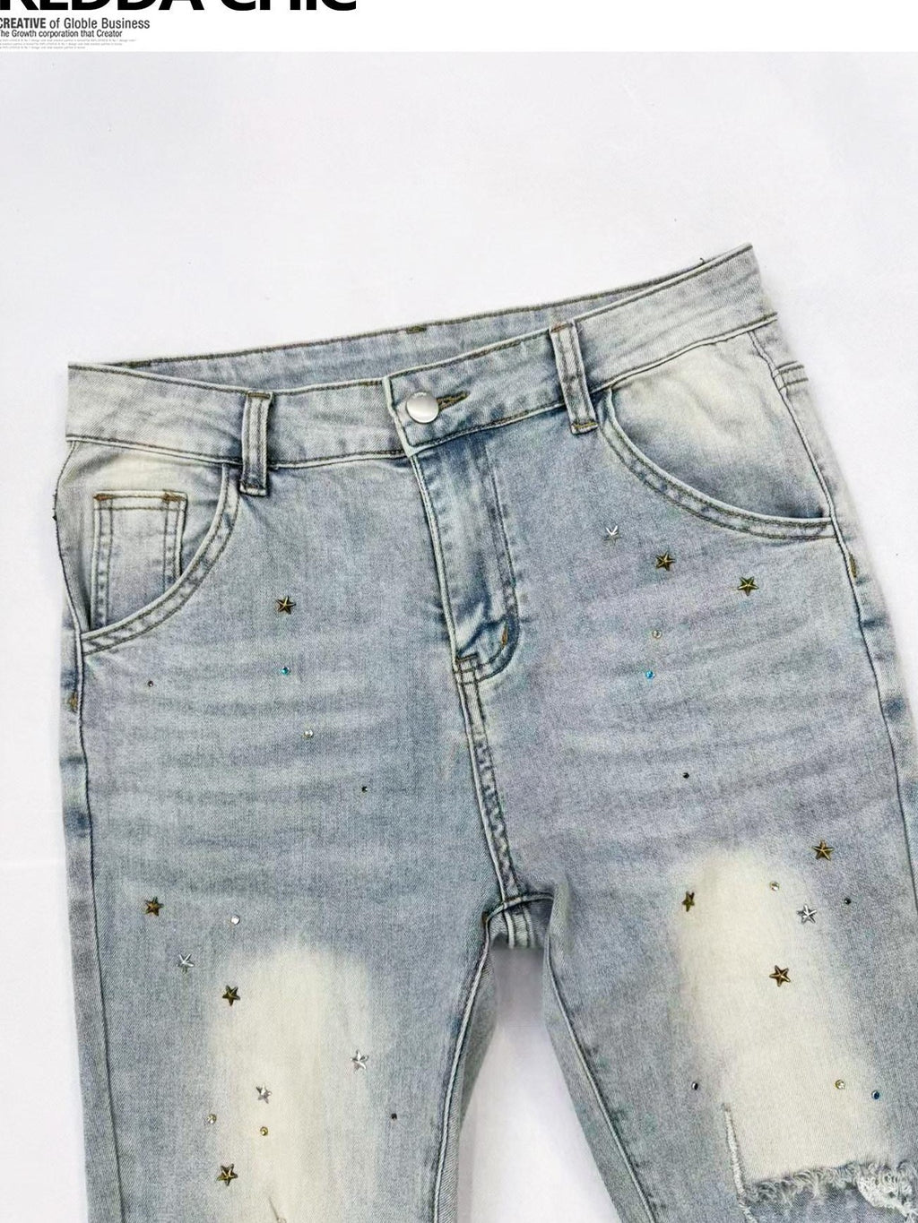 REDDACHIC Light Blue Rhinestone Ripped High Waist Slim Women'S Cotton Denim Flare Jeans