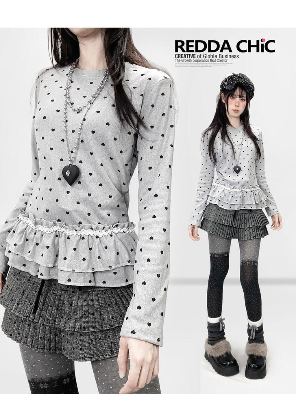 REDDACHIC Light Gray Polka Dot Heart Pleated Hem Women'S Derong Long Sleeve T-Shirts