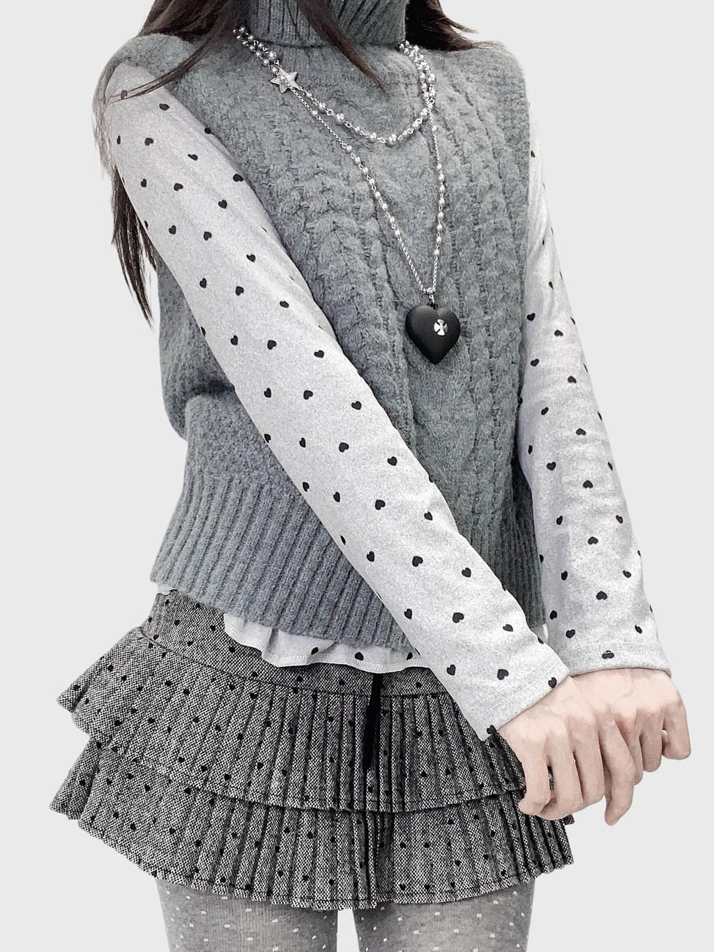 REDDACHIC Light Gray Polka Dot Heart Pleated Hem Women'S Derong Long Sleeve T-Shirts