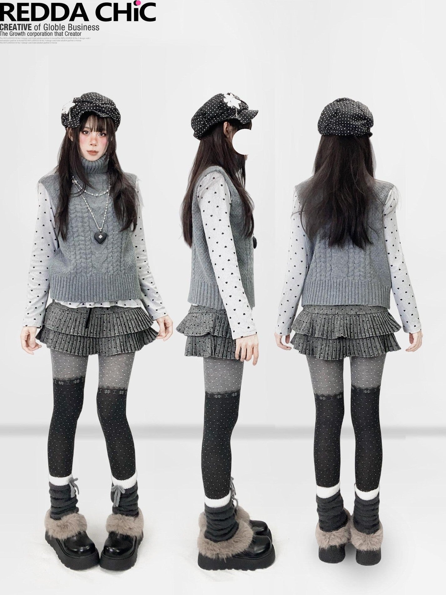 REDDACHIC Light Gray Polka Dot Heart Pleated Hem Women'S Derong Long Sleeve T-Shirts