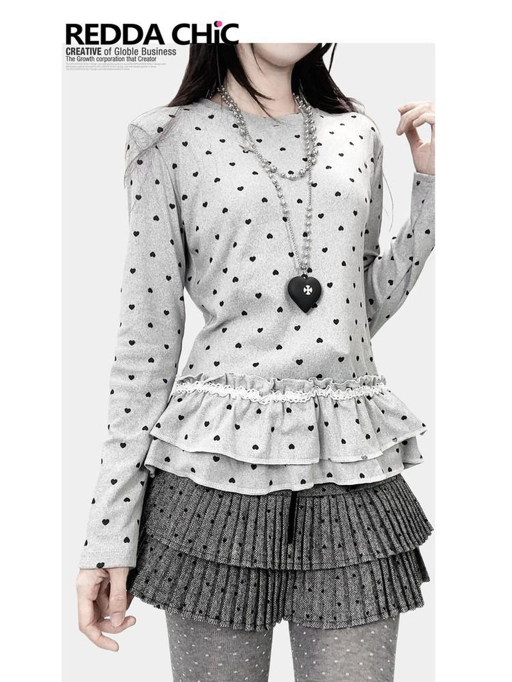 REDDACHIC Light Gray Polka Dot Heart Pleated Hem Women'S Derong Long Sleeve T-Shirts