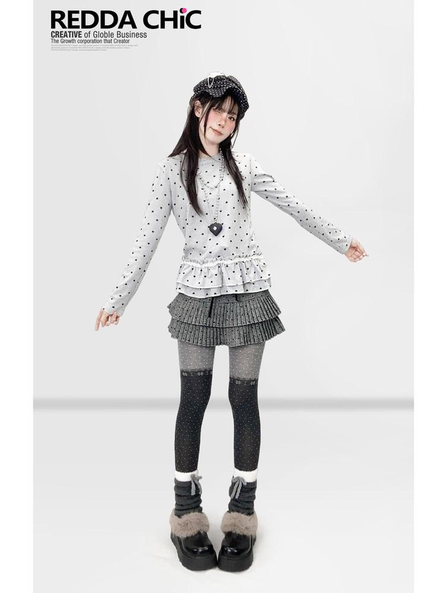 REDDACHIC Light Gray Polka Dot Heart Pleated Hem Women'S Derong Long Sleeve T-Shirts
