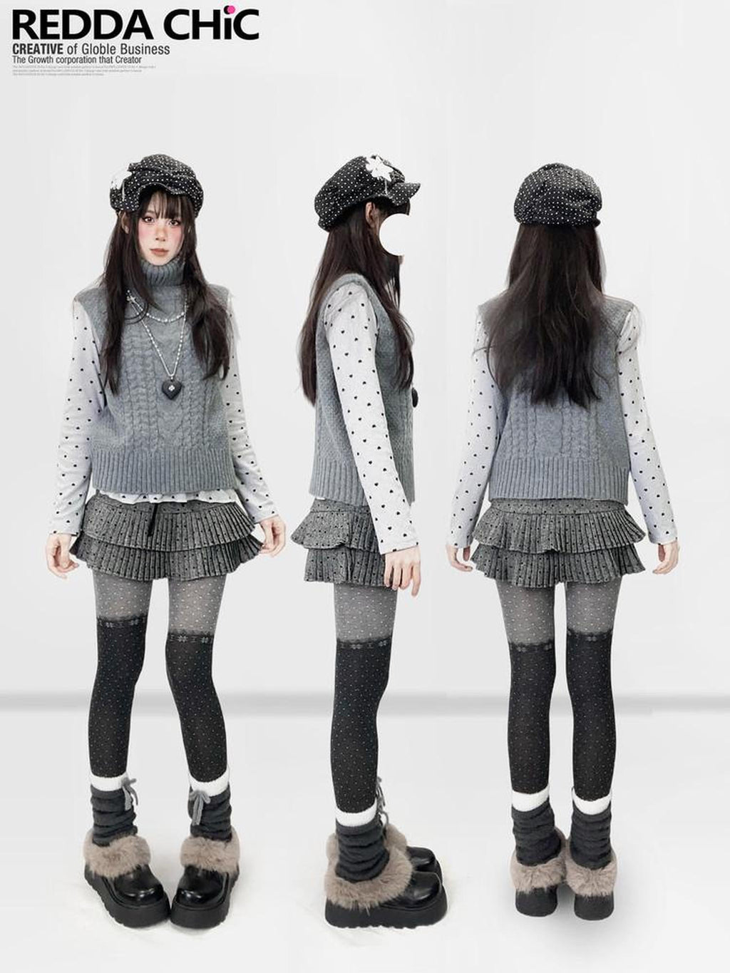 REDDACHIC Light Gray Polka Dot Heart Pleated Hem Women'S Derong Long Sleeve T-Shirts