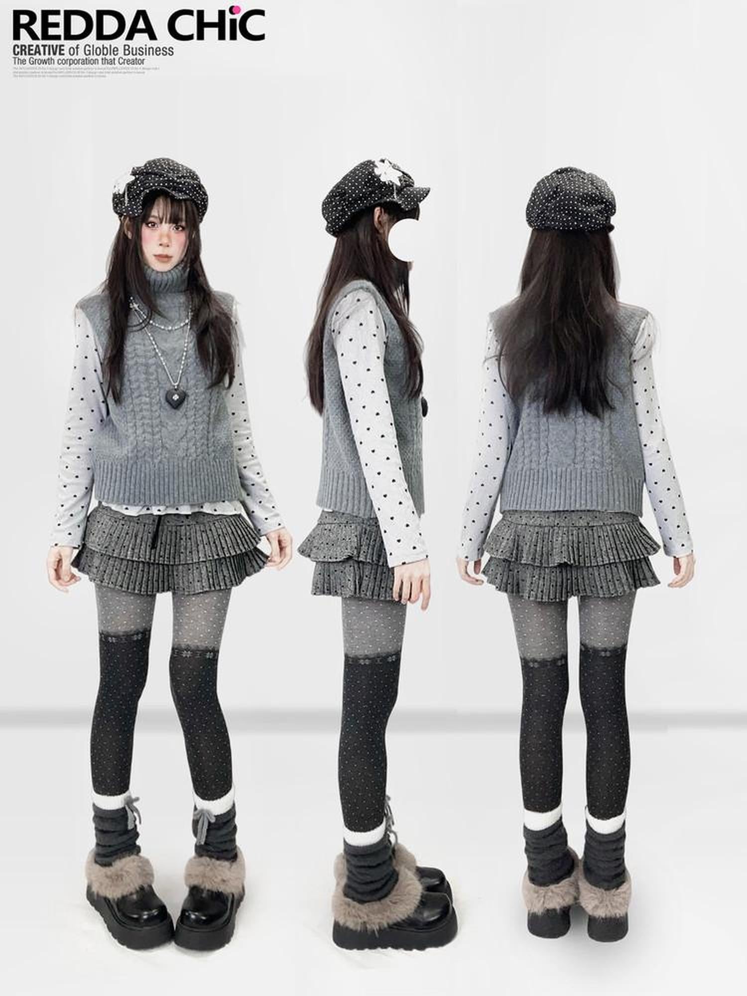 REDDACHIC Light Gray Polka Dot Heart Pleated Hem Women'S Derong Long Sleeve T-Shirts