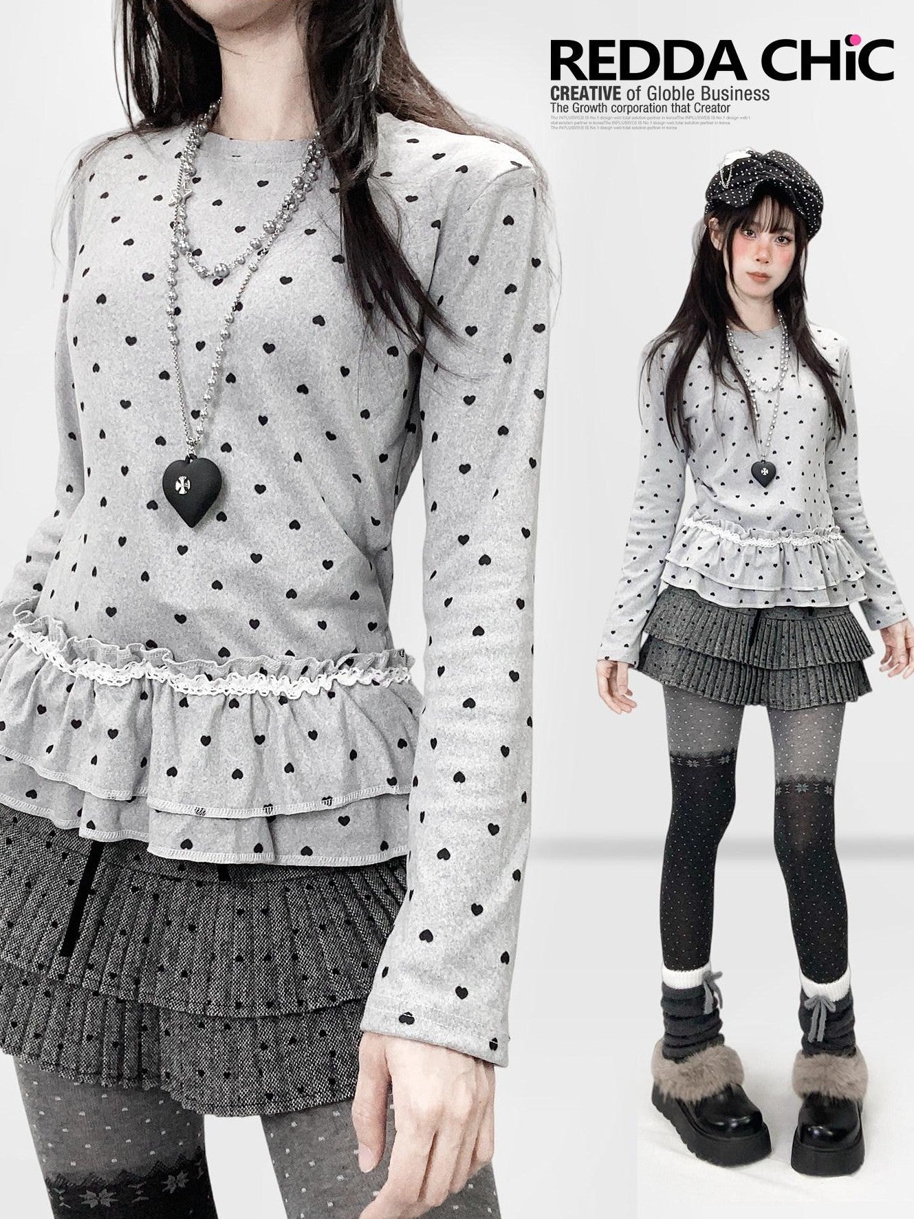 REDDACHIC Light Gray Polka Dot Heart Pleated Hem Women'S Derong Long Sleeve T-Shirts