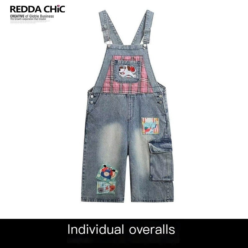 REDDACHIC_Light_Wash_Plaid_Cartoon_Suspender_Flap_Wide_Leg_Women'S_Denim_Shorts_MISSTT