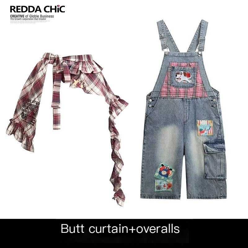 REDDACHIC_Light_Wash_Plaid_Cartoon_Suspender_Flap_Wide_Leg_Women'S_Denim_Shorts_MISSTT