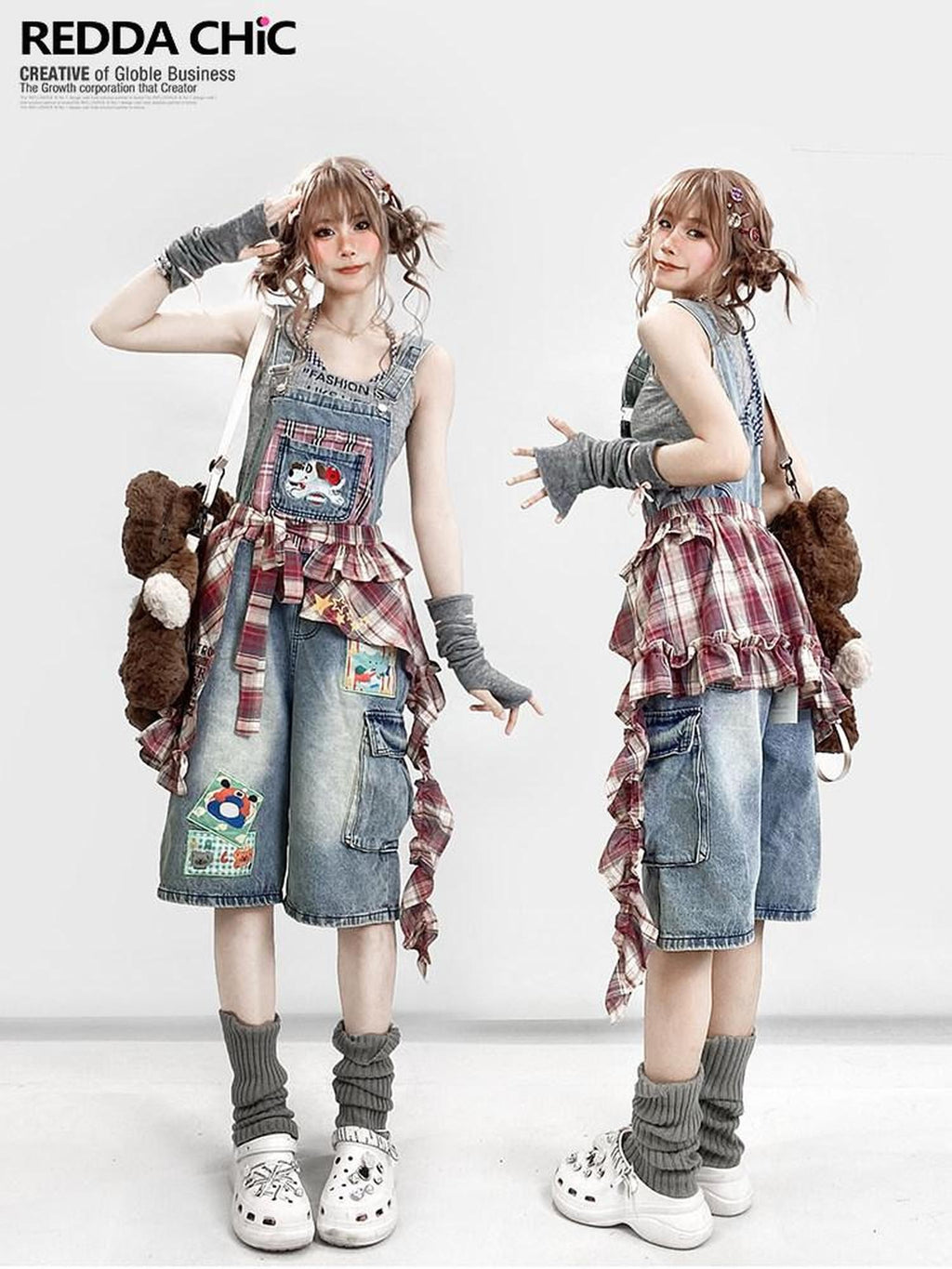 REDDACHIC Light Wash Plaid Cartoon Suspender Flap Wide Leg Women'S Denim Shorts