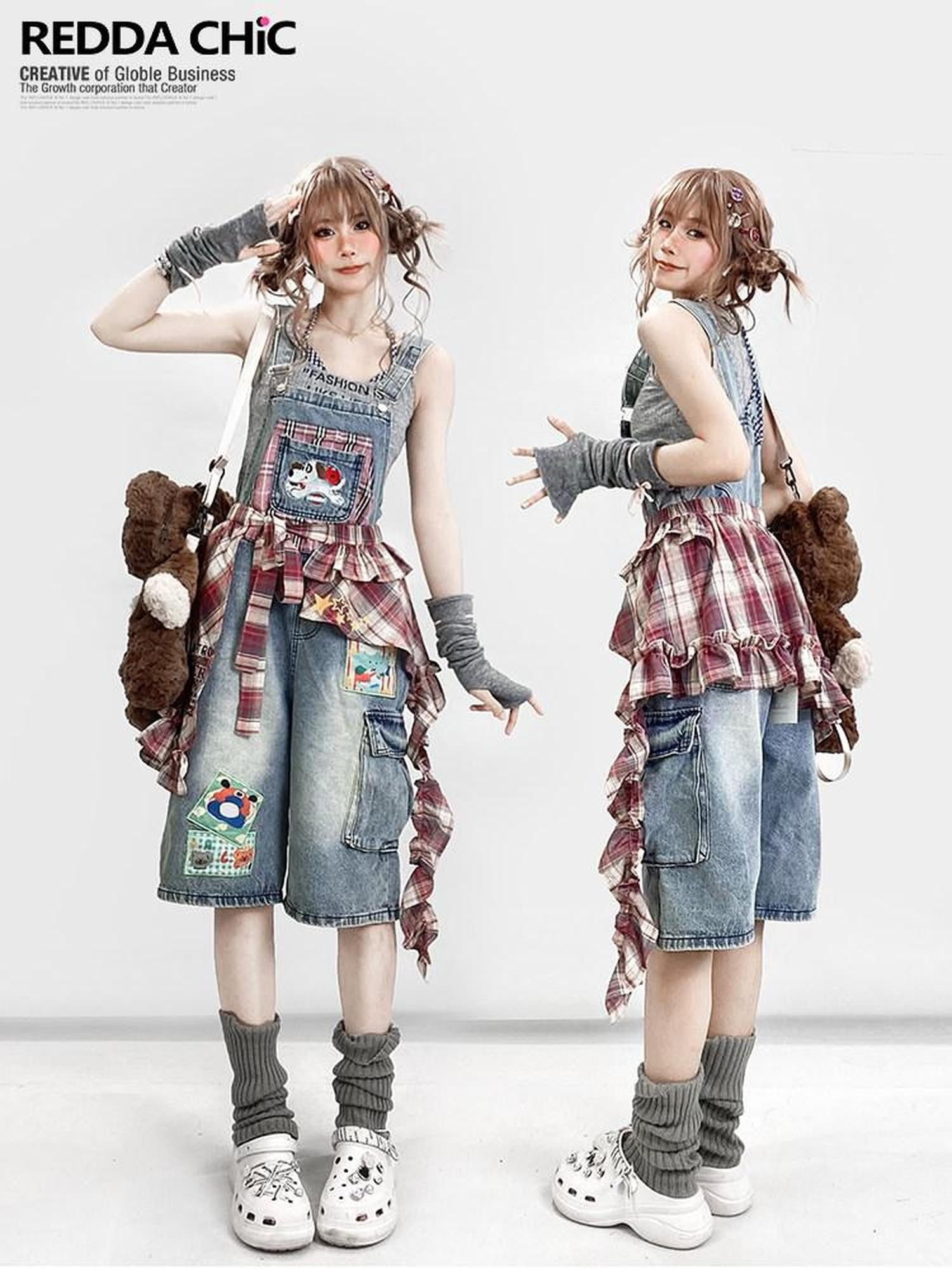 REDDACHIC Light Wash Plaid Cartoon Suspender Flap Wide Leg Women'S Denim Shorts