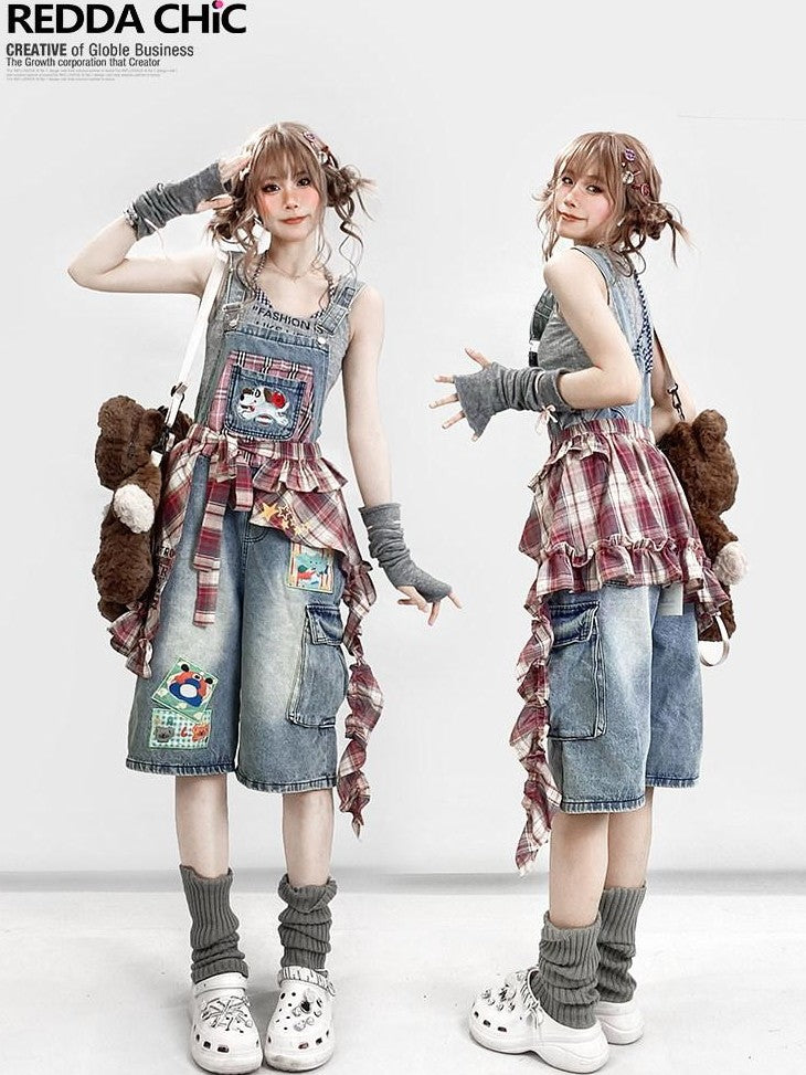 REDDACHIC Light Wash Plaid Cartoon Suspender Flap Wide Leg Women'S Denim Shorts