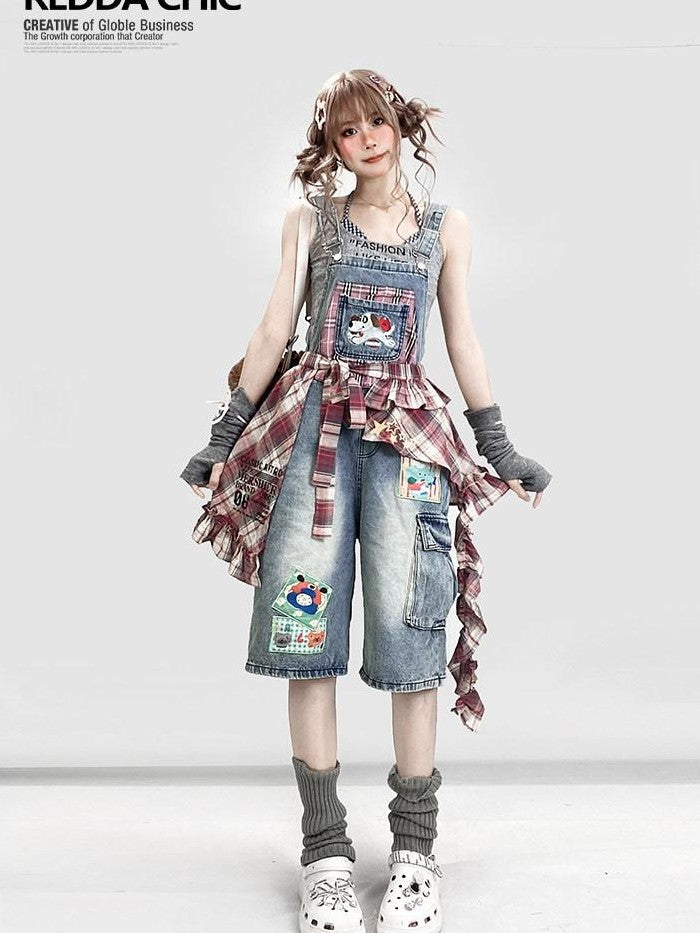REDDACHIC Light Wash Plaid Cartoon Suspender Flap Wide Leg Women'S Denim Shorts