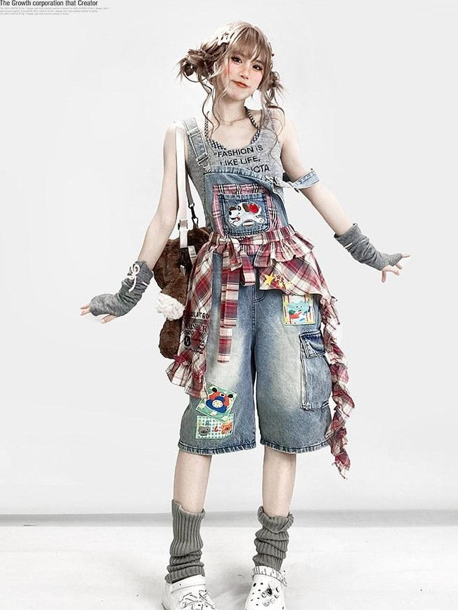 REDDACHIC Light Wash Plaid Cartoon Suspender Flap Wide Leg Women'S Denim Shorts
