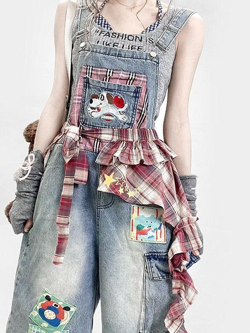 REDDACHIC Light Wash Plaid Cartoon Suspender Flap Wide Leg Women'S Denim Shorts