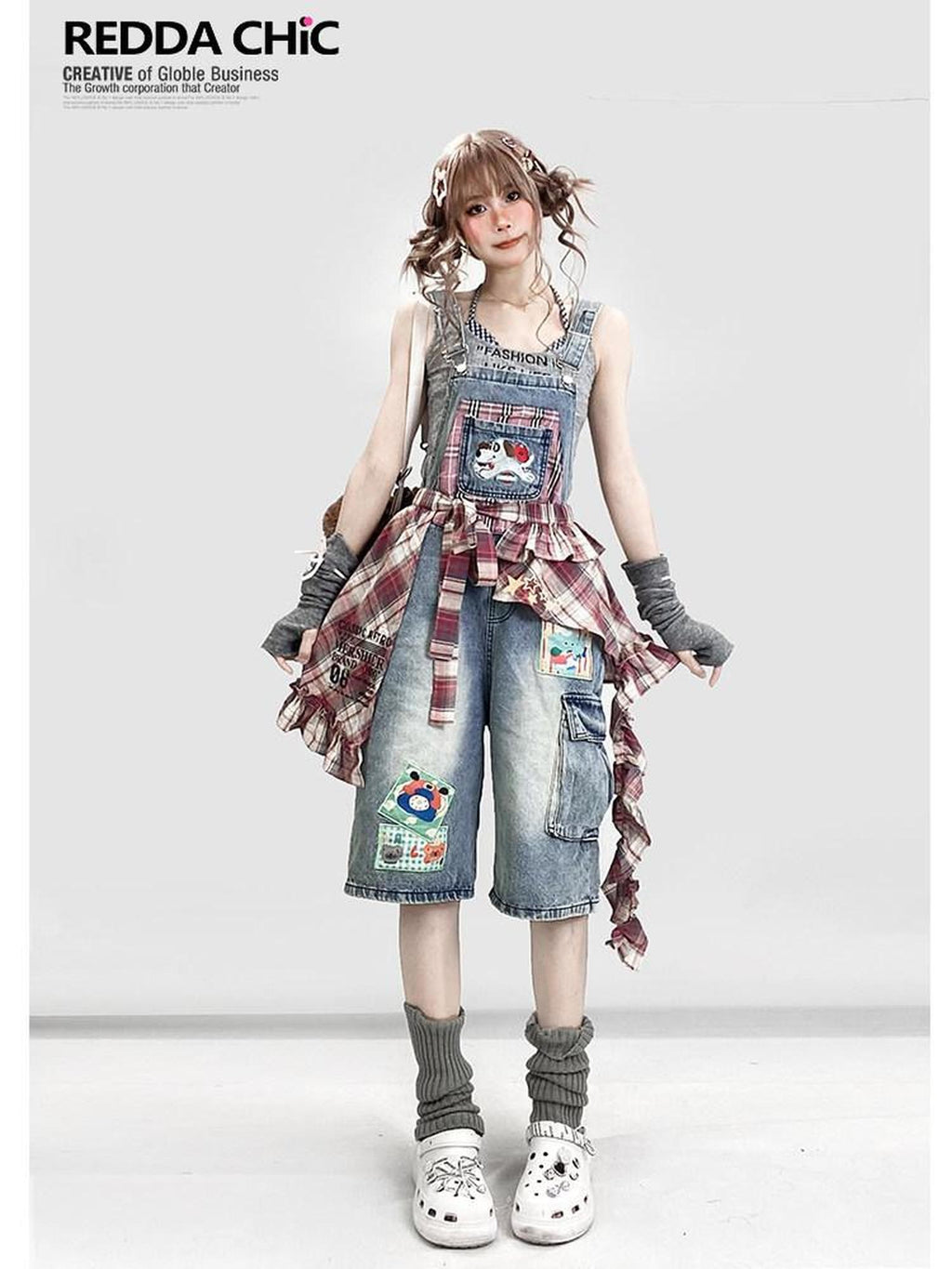 REDDACHIC Light Wash Plaid Cartoon Suspender Flap Wide Leg Women'S Denim Shorts