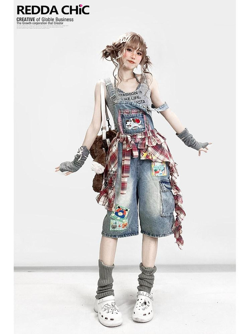 REDDACHIC Light Wash Plaid Cartoon Suspender Flap Wide Leg Women'S Denim Shorts