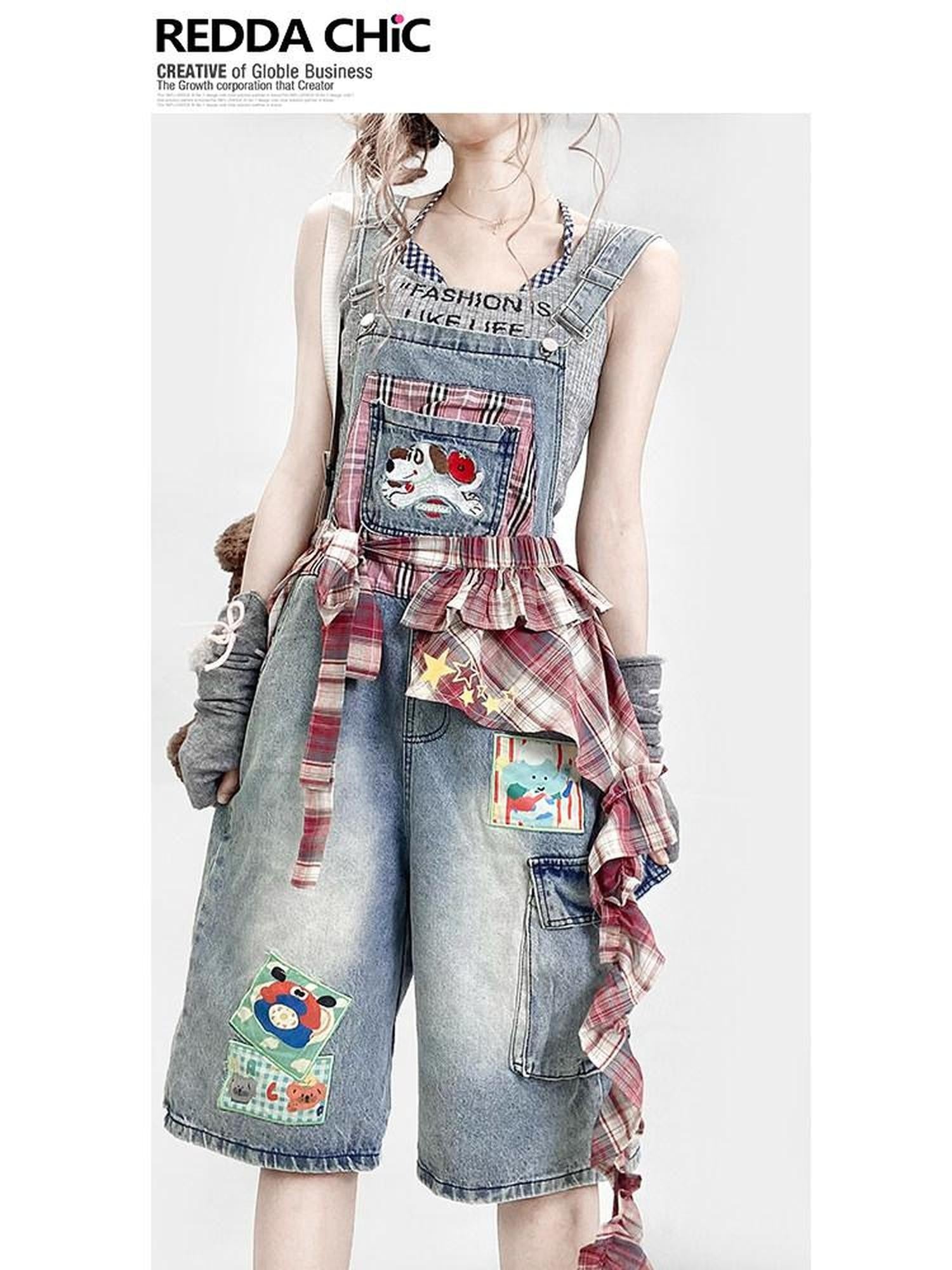 REDDACHIC Light Wash Plaid Cartoon Suspender Flap Wide Leg Women'S Denim Shorts