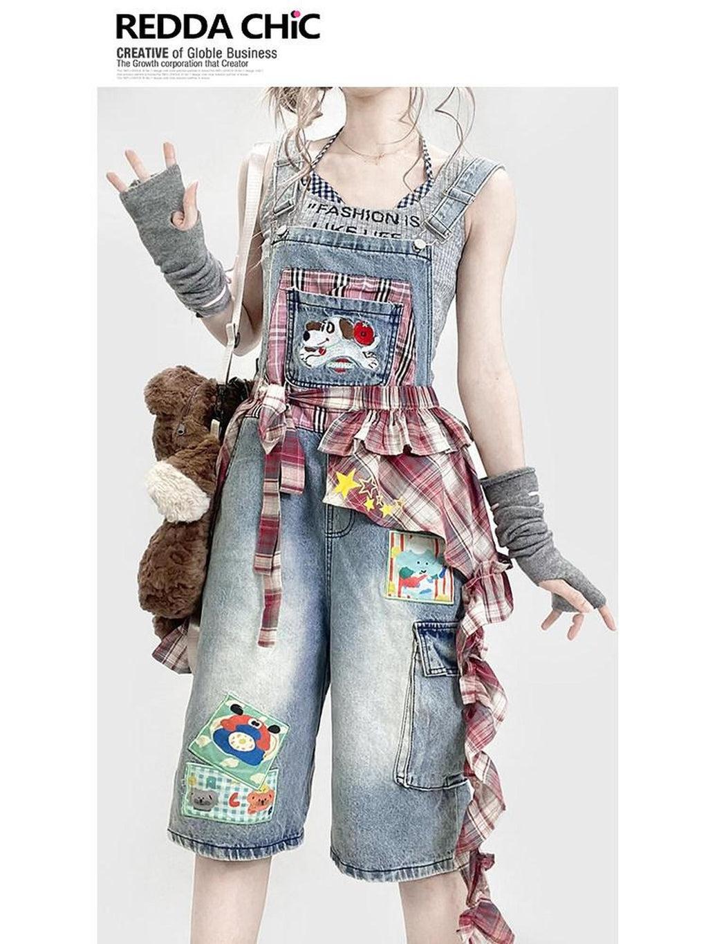 REDDACHIC Light Wash Plaid Cartoon Suspender Flap Wide Leg Women'S Denim Shorts
