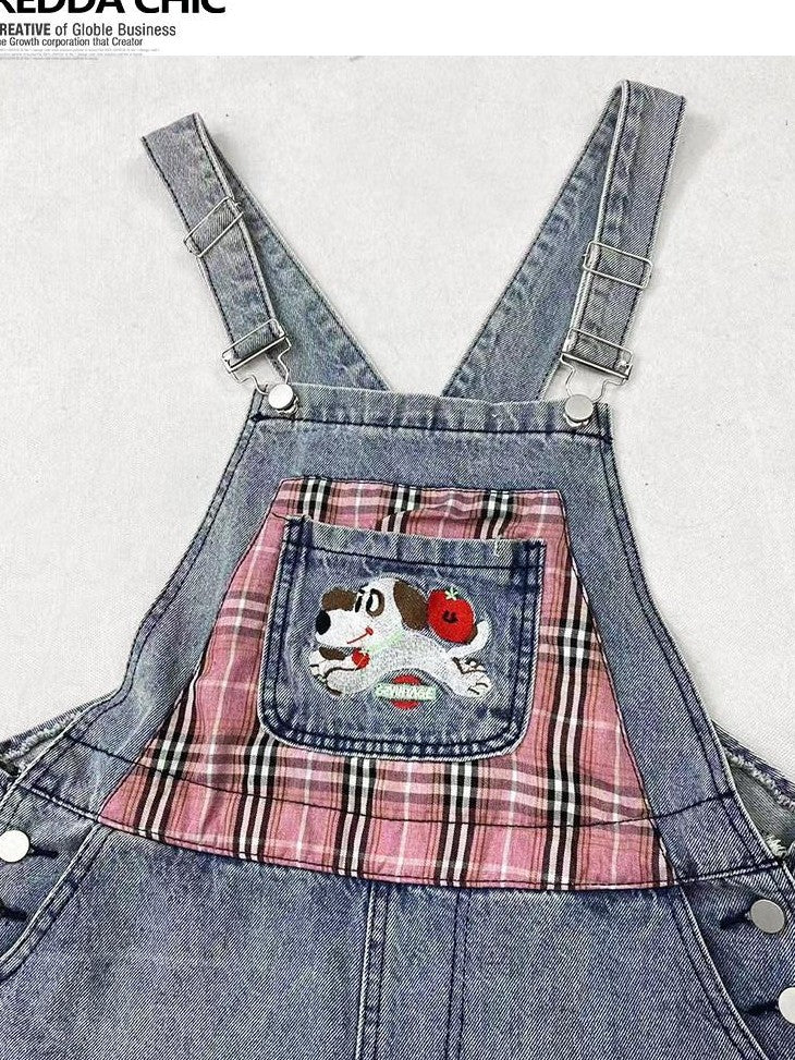 REDDACHIC Light Wash Plaid Cartoon Suspender Flap Wide Leg Women'S Denim Shorts