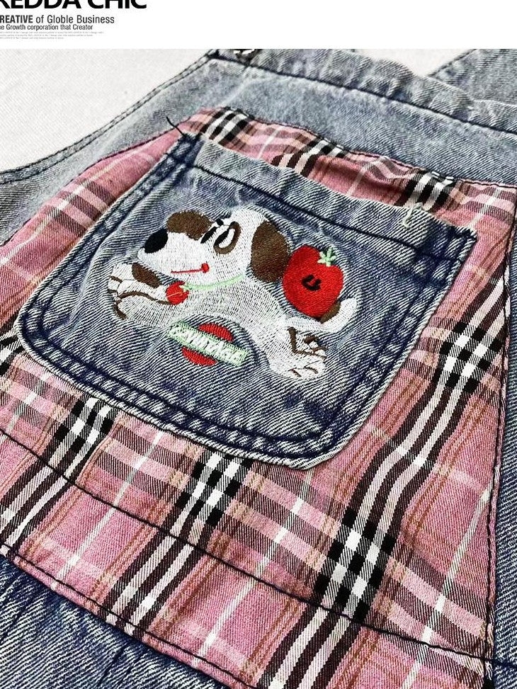 REDDACHIC Light Wash Plaid Cartoon Suspender Flap Wide Leg Women'S Denim Shorts