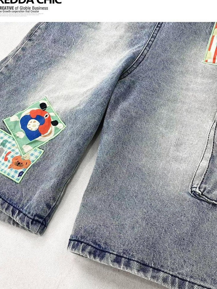 REDDACHIC Light Wash Plaid Cartoon Suspender Flap Wide Leg Women'S Denim Shorts