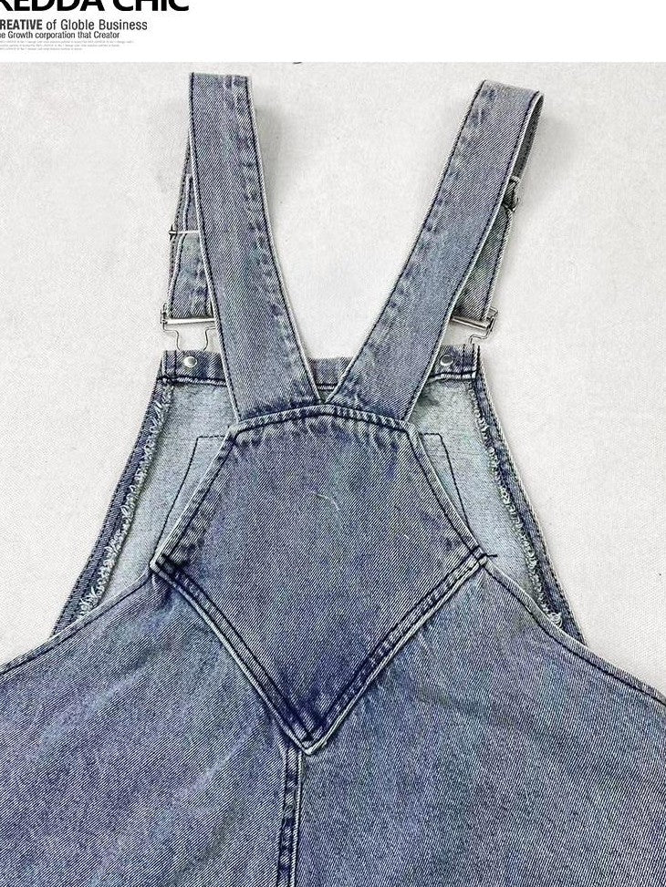 REDDACHIC Light Wash Plaid Cartoon Suspender Flap Wide Leg Women'S Denim Shorts