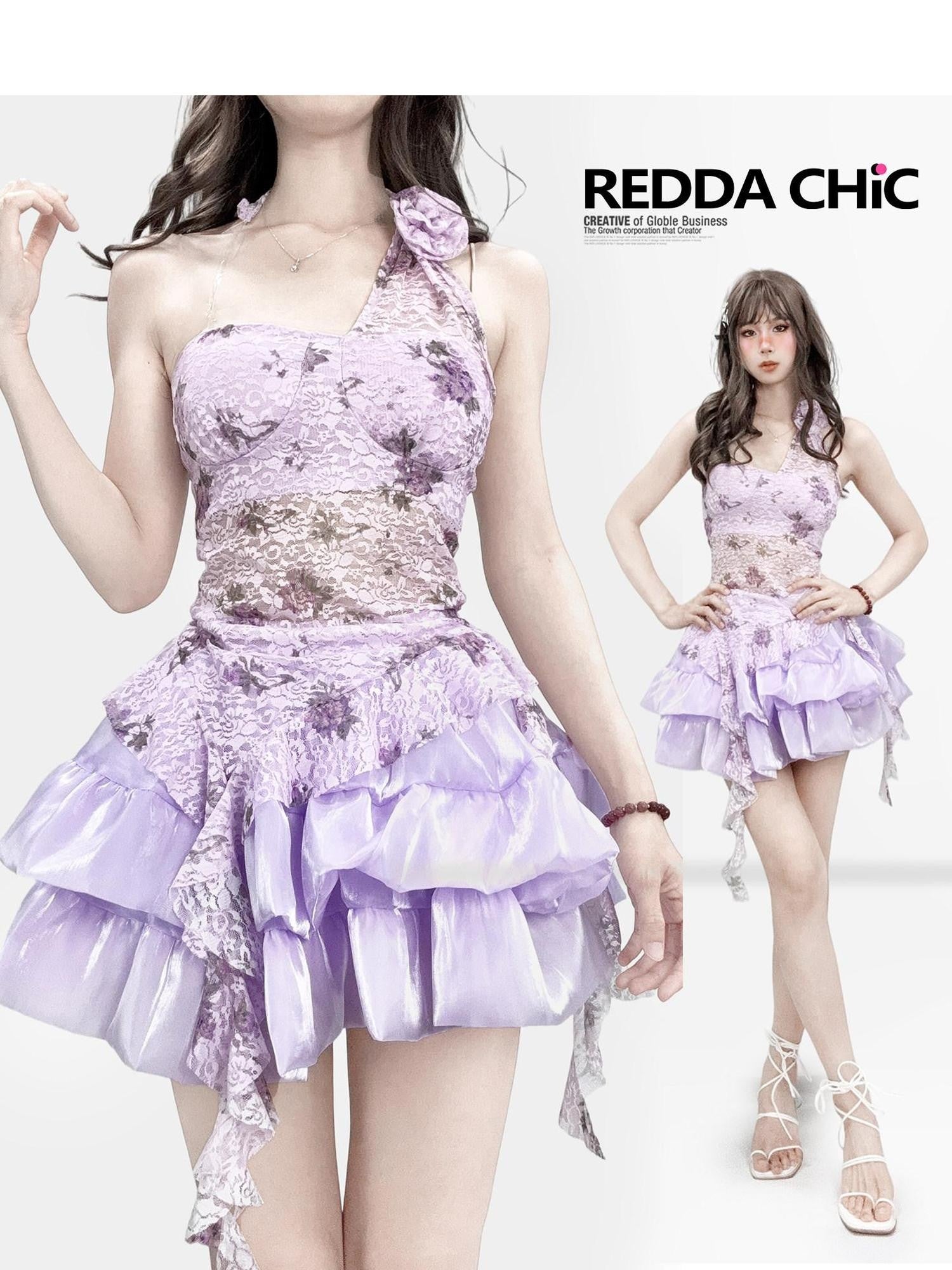 REDDACHIC Lilac Floral Halter Lace Waist Puff Women'S Composite Lace Mini Dresses