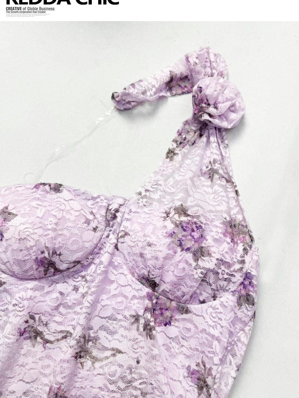 REDDACHIC Lilac Floral Halter Lace Waist Puff Women'S Composite Lace Mini Dresses