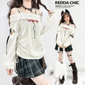 REDDACHIC_Longline_One_Shoulder_Ripped_Drawstring_Women'S_White_Knit_Long_Sleeve_T-Shirts_MISSTT
